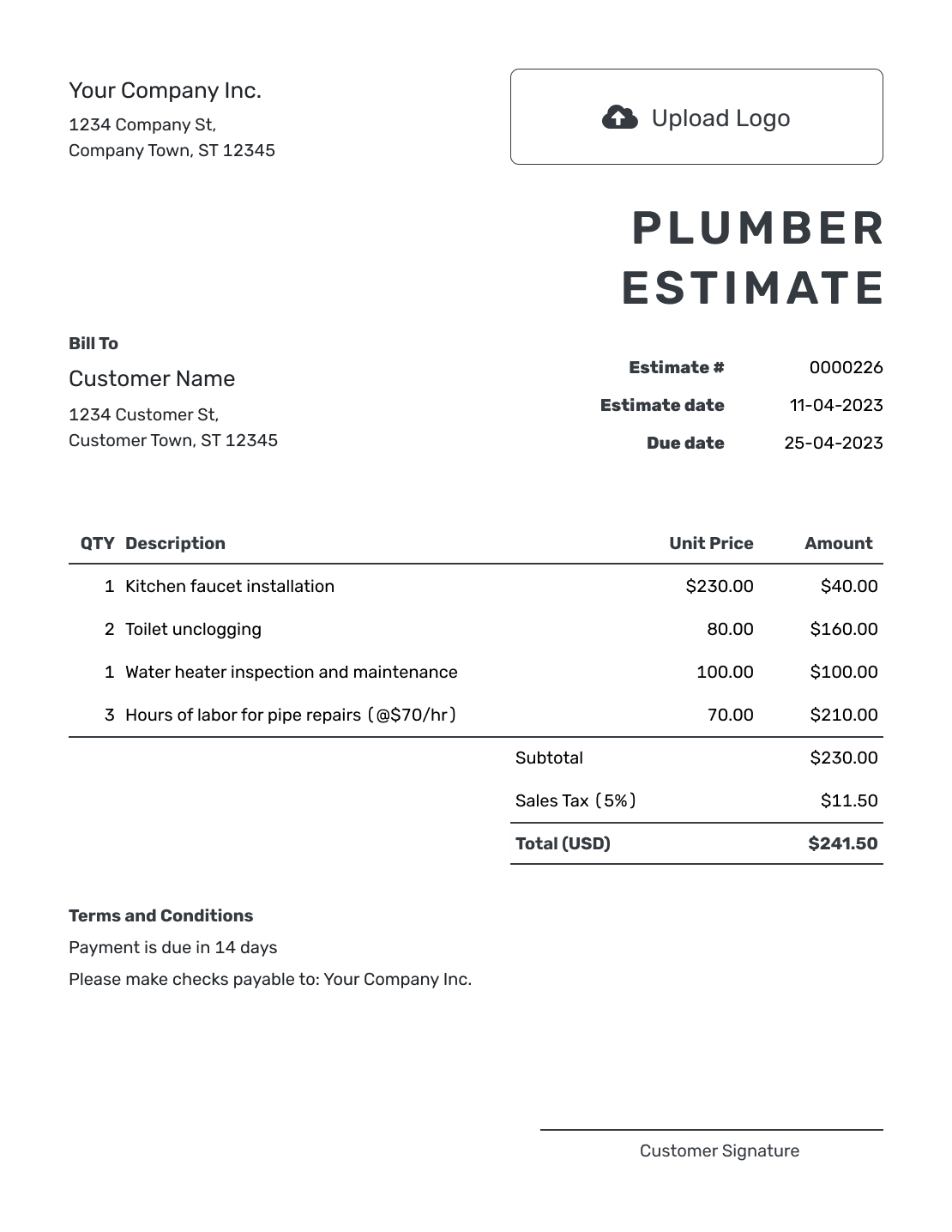 Printable Plumber Estimate Template