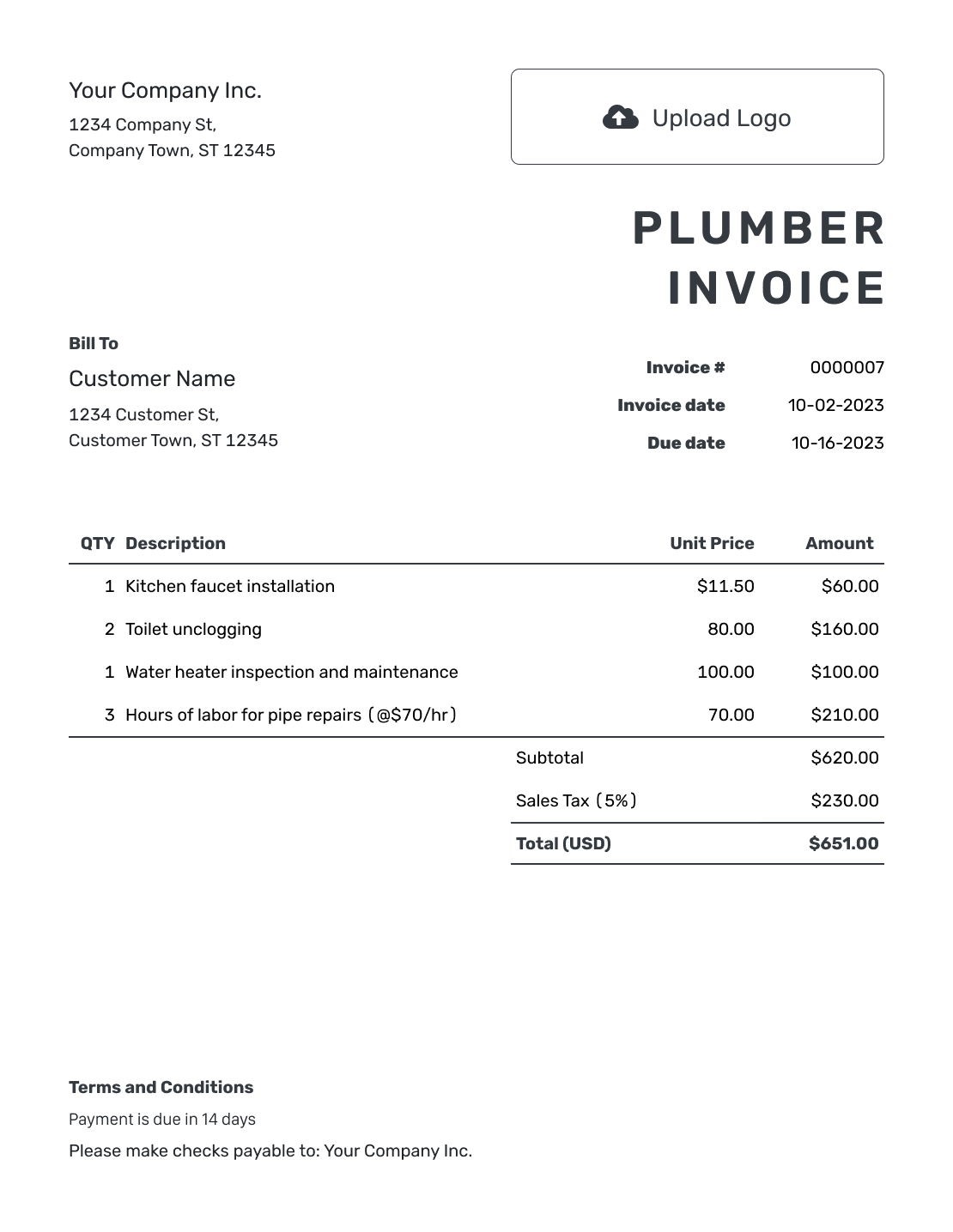 Printable Plumber Invoice Template