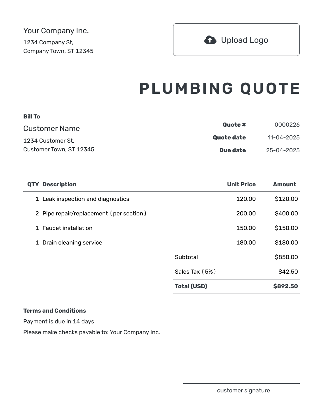 Printable Plumbing Quote Template