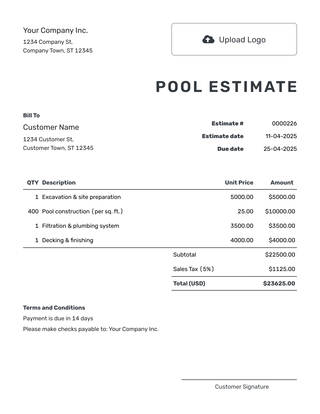 Printable Pool Estimate Template