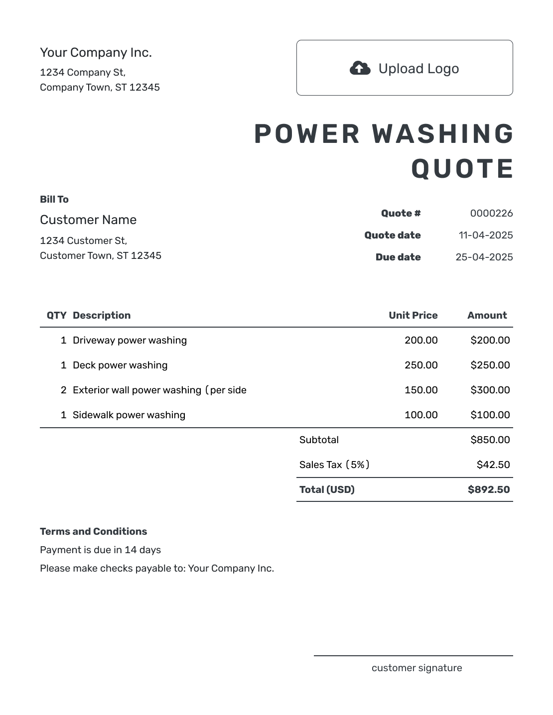 Printable Power Washing Quote Template