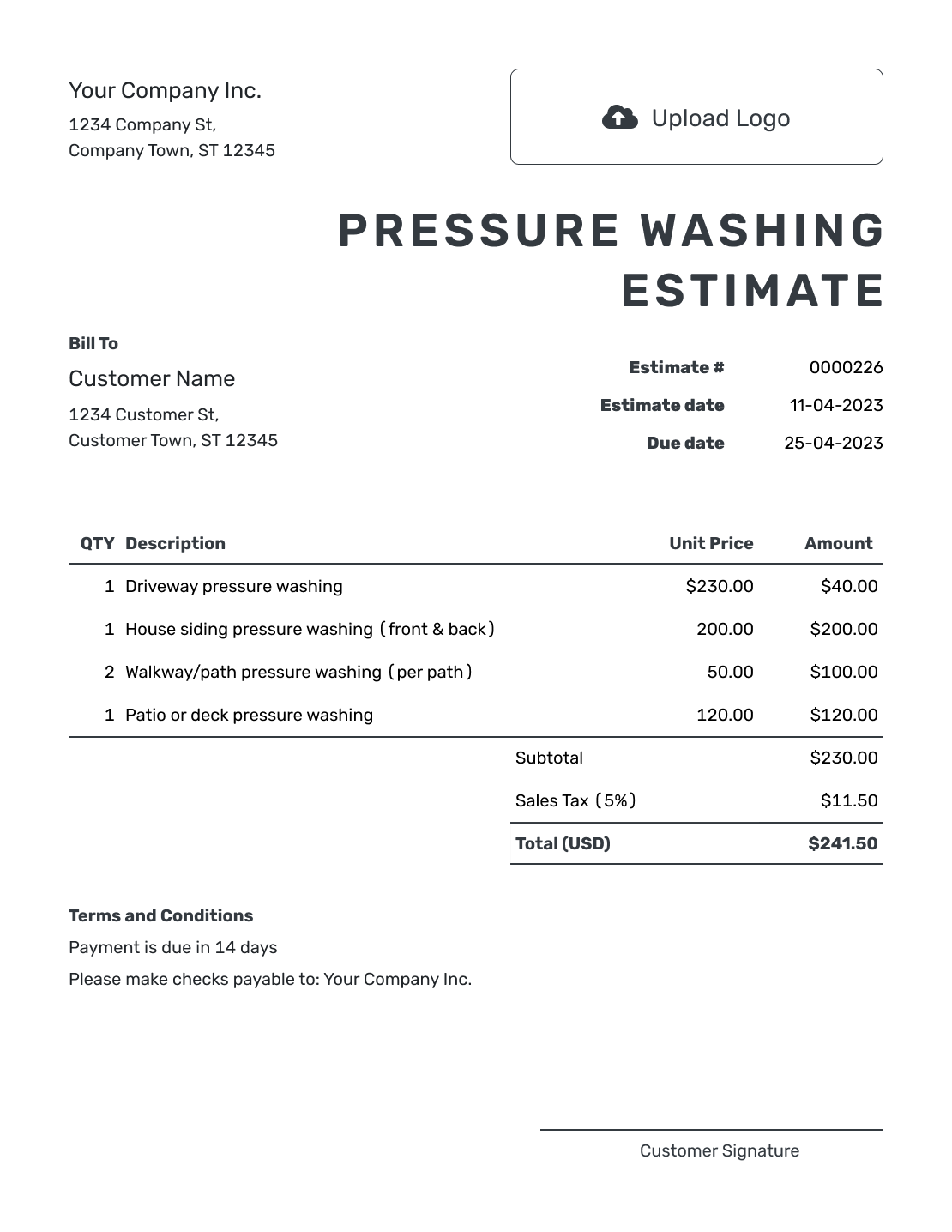 Printable Pressure Washing Estimate Template