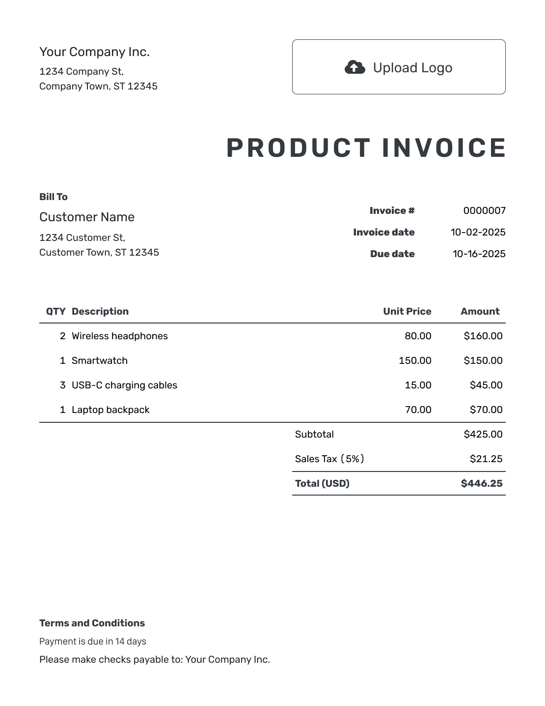 Printable Product Invoice Template