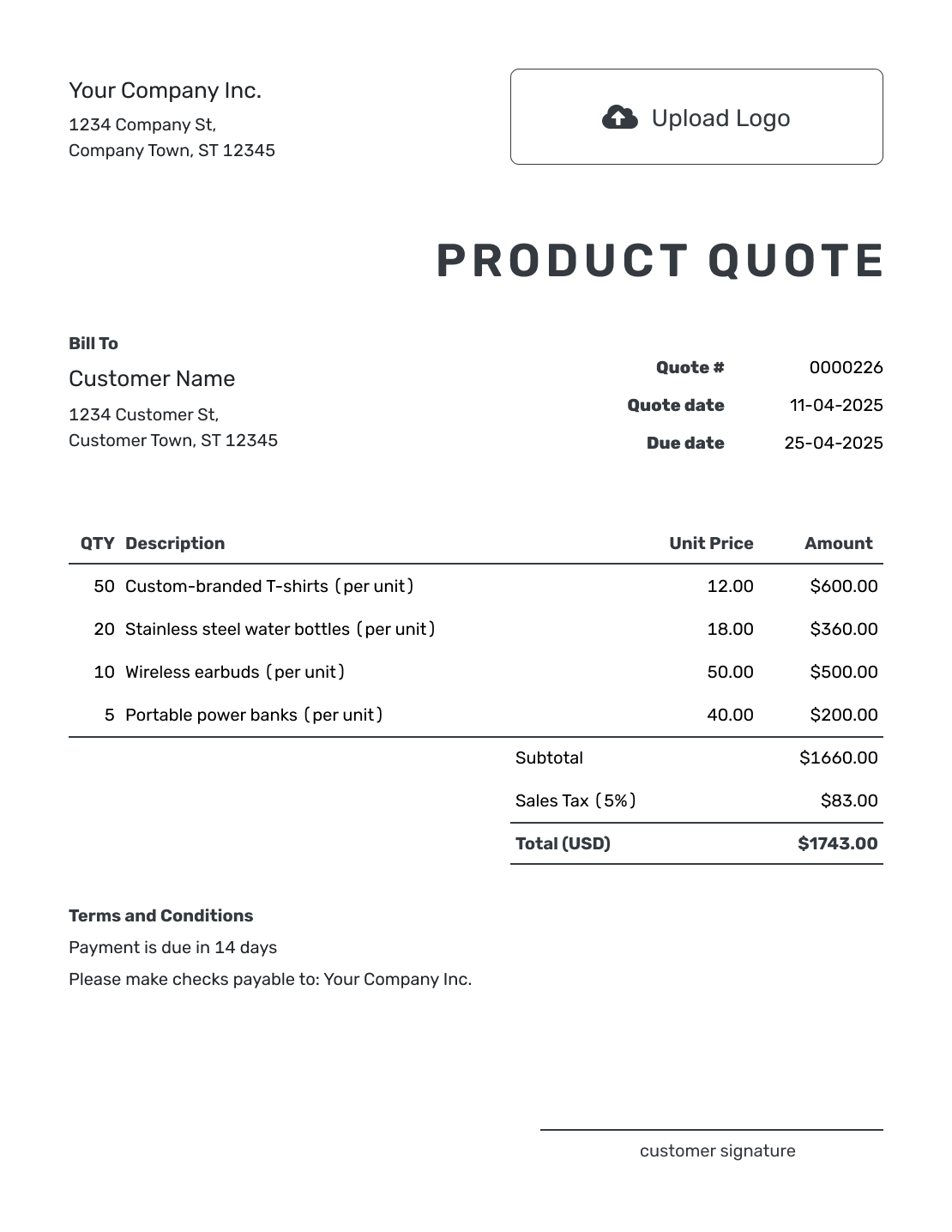 Printable Product Quote Template