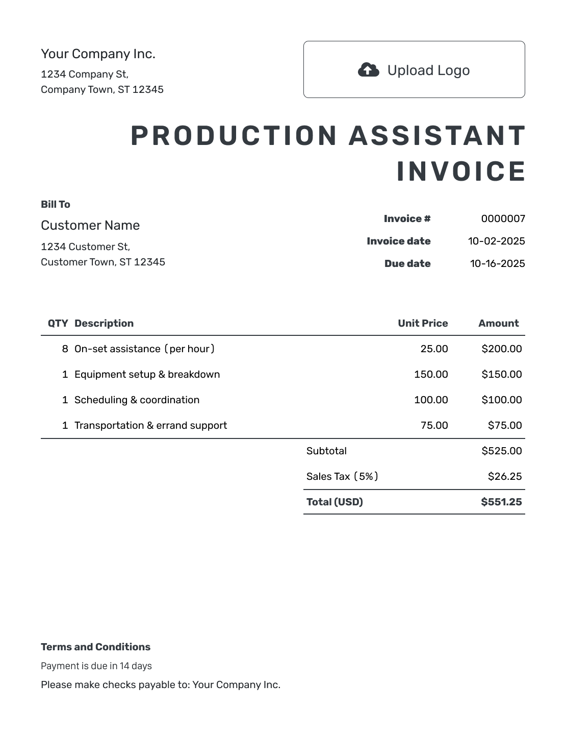 Printable Production Assistant Invoice Template