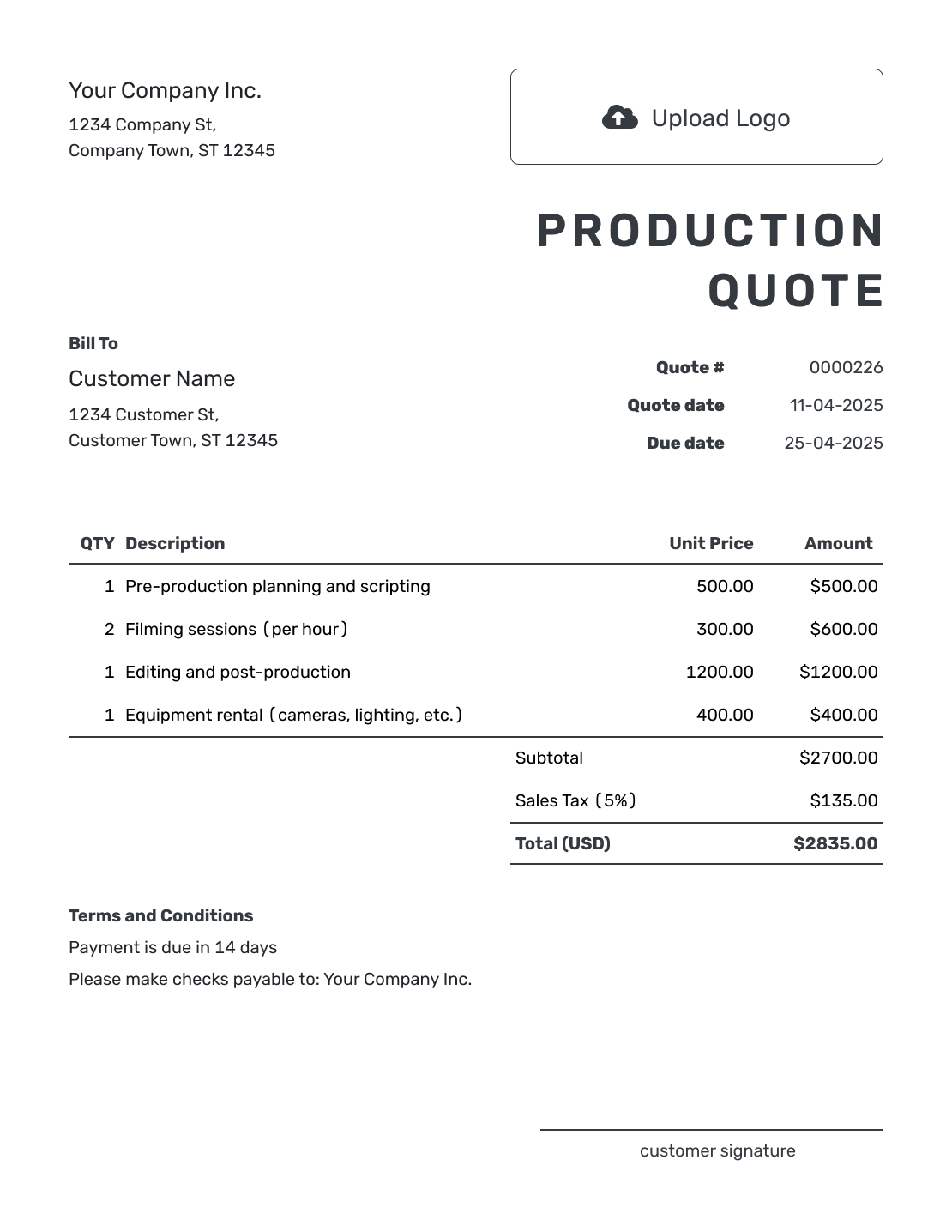 Printable Production Quote Template