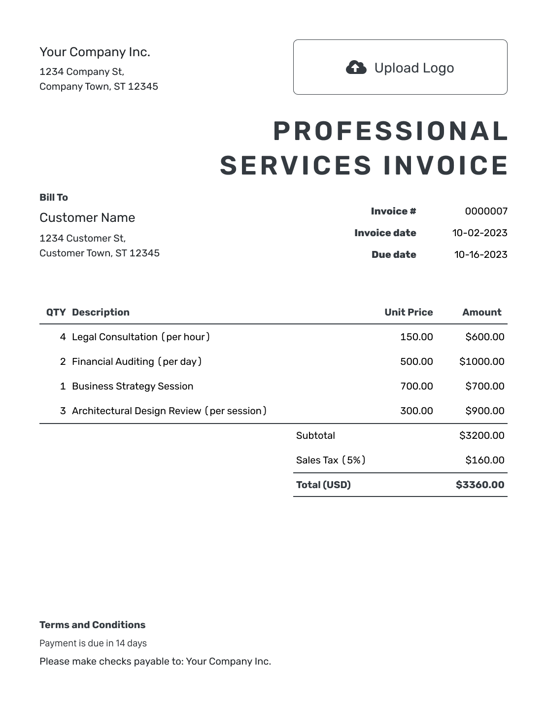 Printable Professional Services Invoice Template