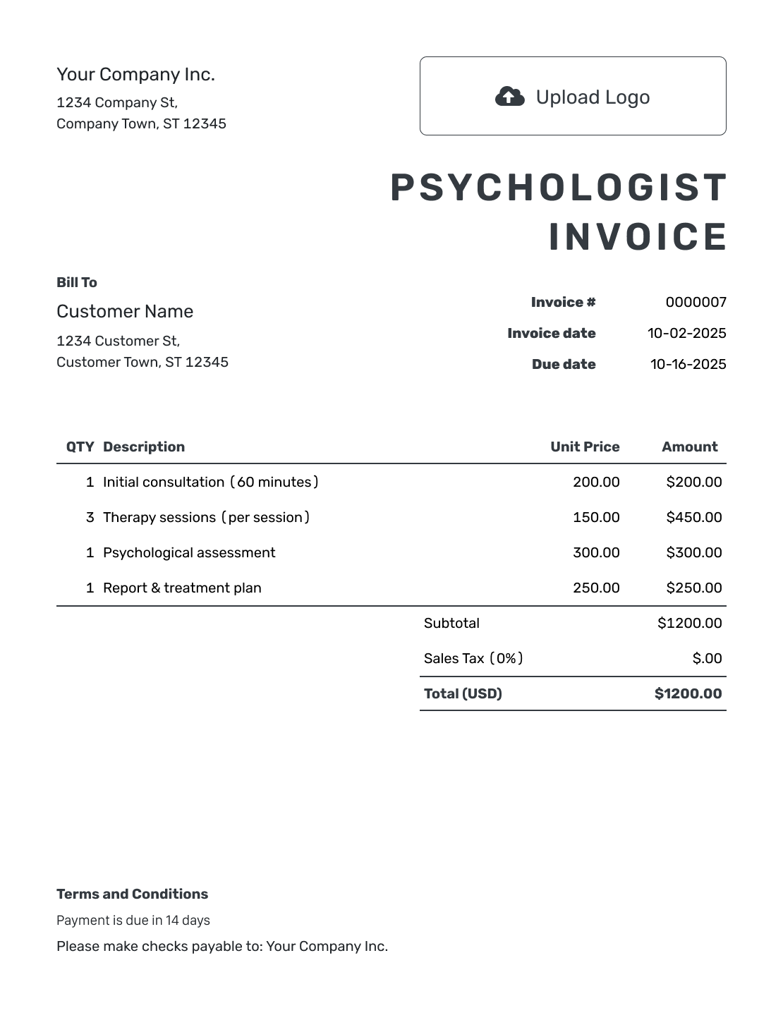 Printable Psychologist Invoice Template