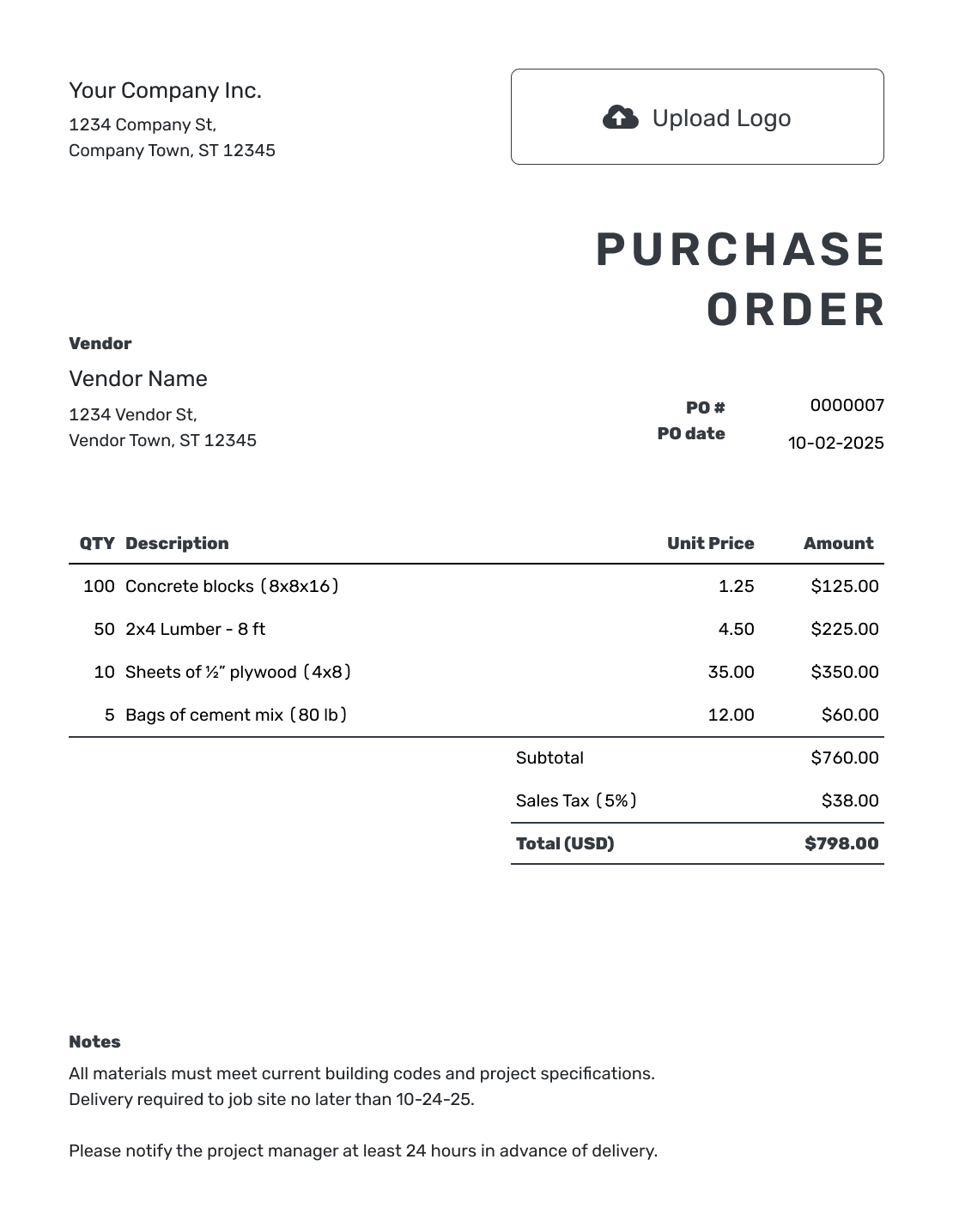 Printable Purchase Order Form (PDF) Template