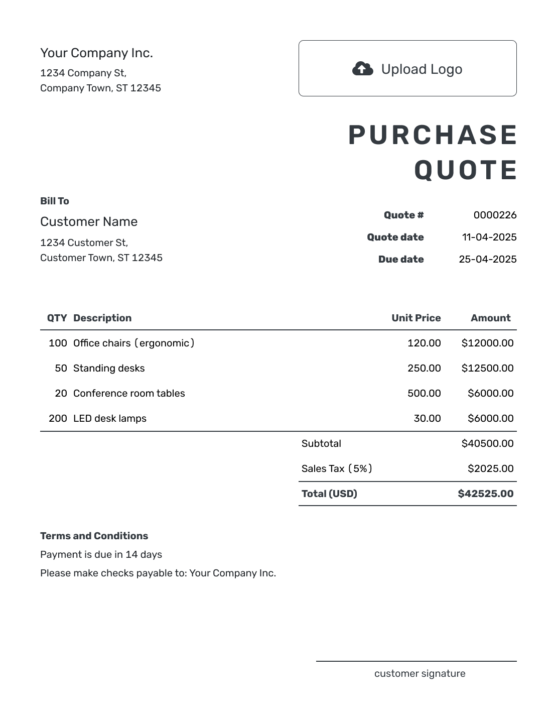 Printable Purchase Quote Template