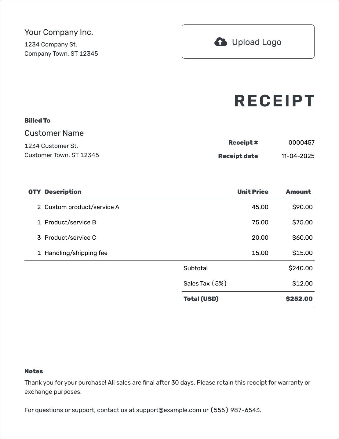 Printable Work Receipt Template