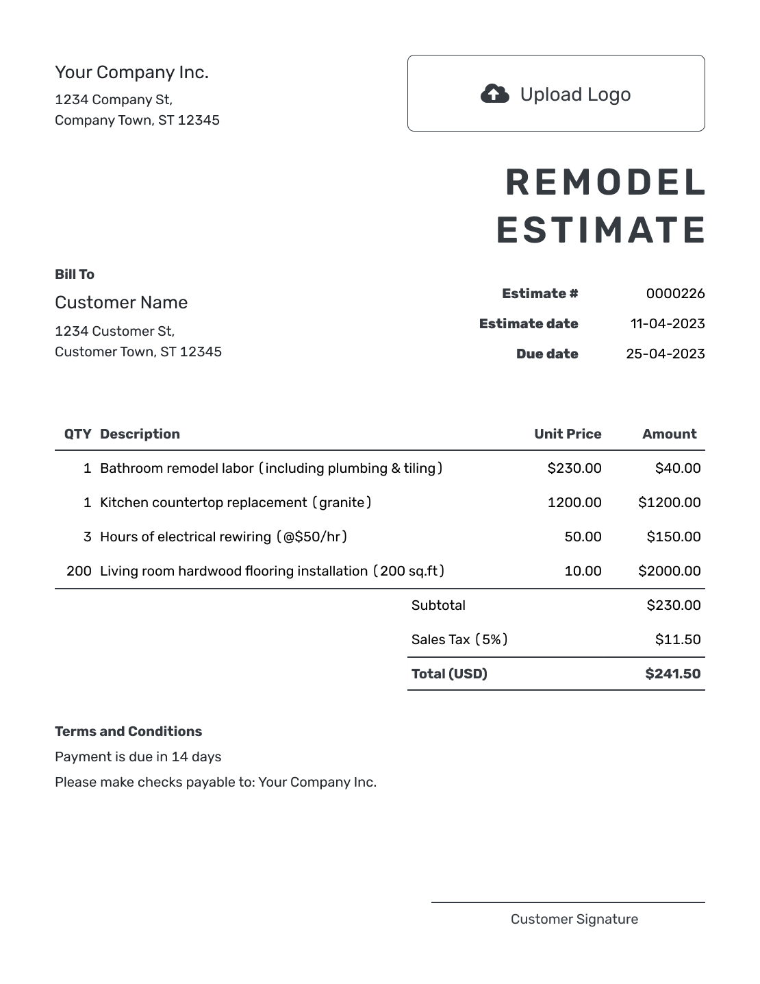 Printable Remodel Estimate Template