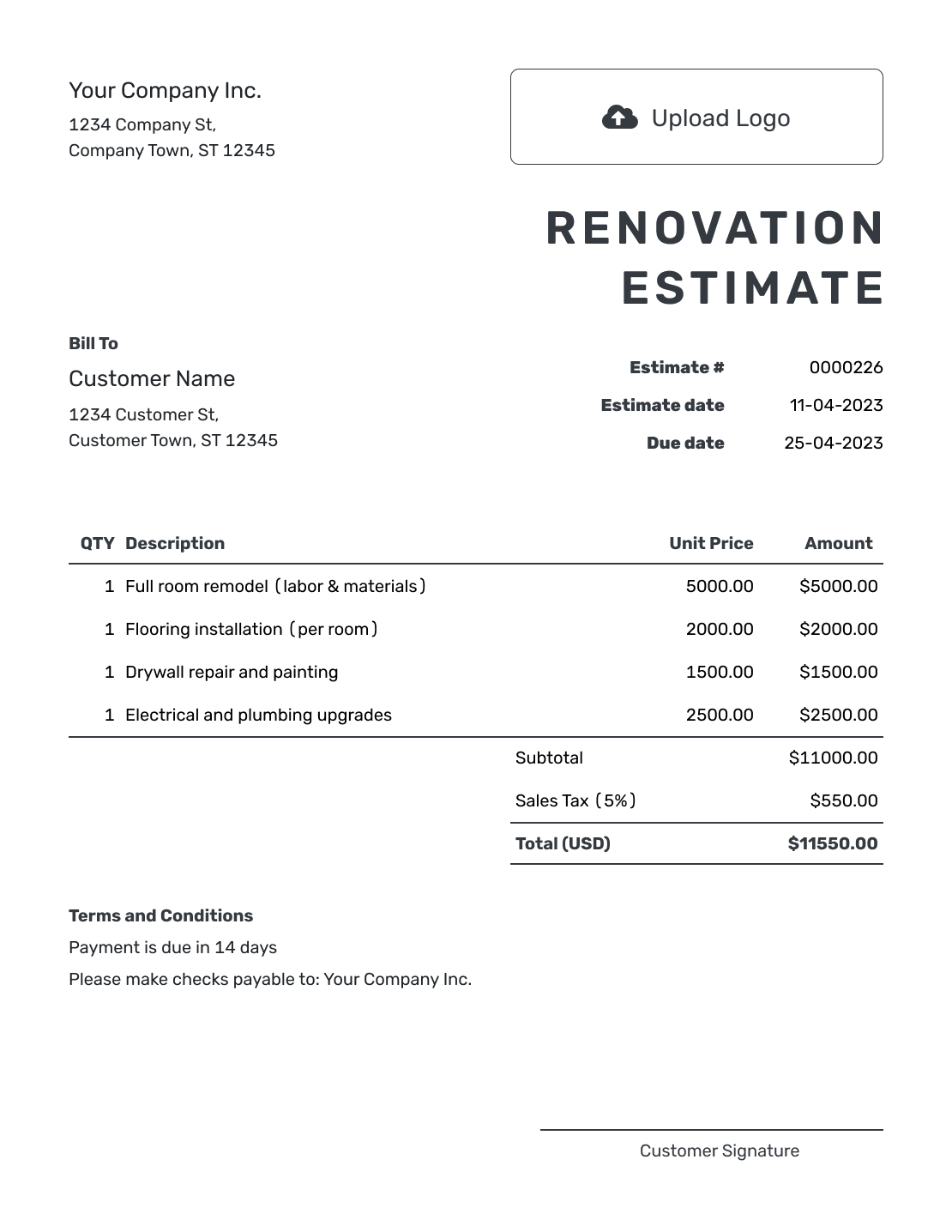 Printable Renovation Estimate Template