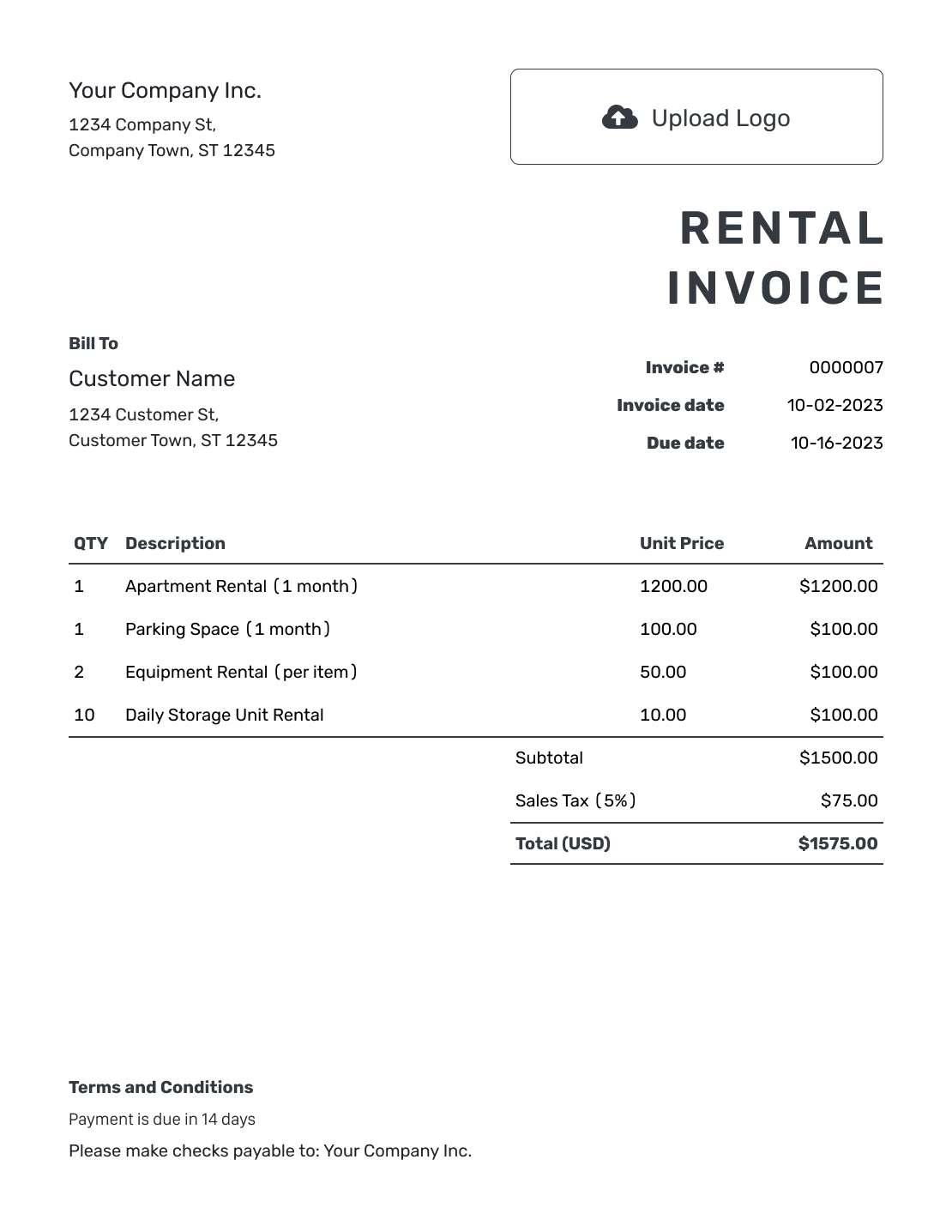 Printable Rental Invoice Template