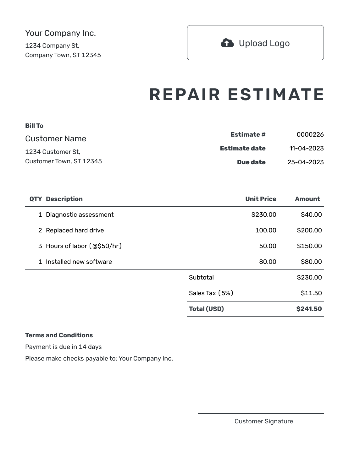 Printable Repair Estimate Template