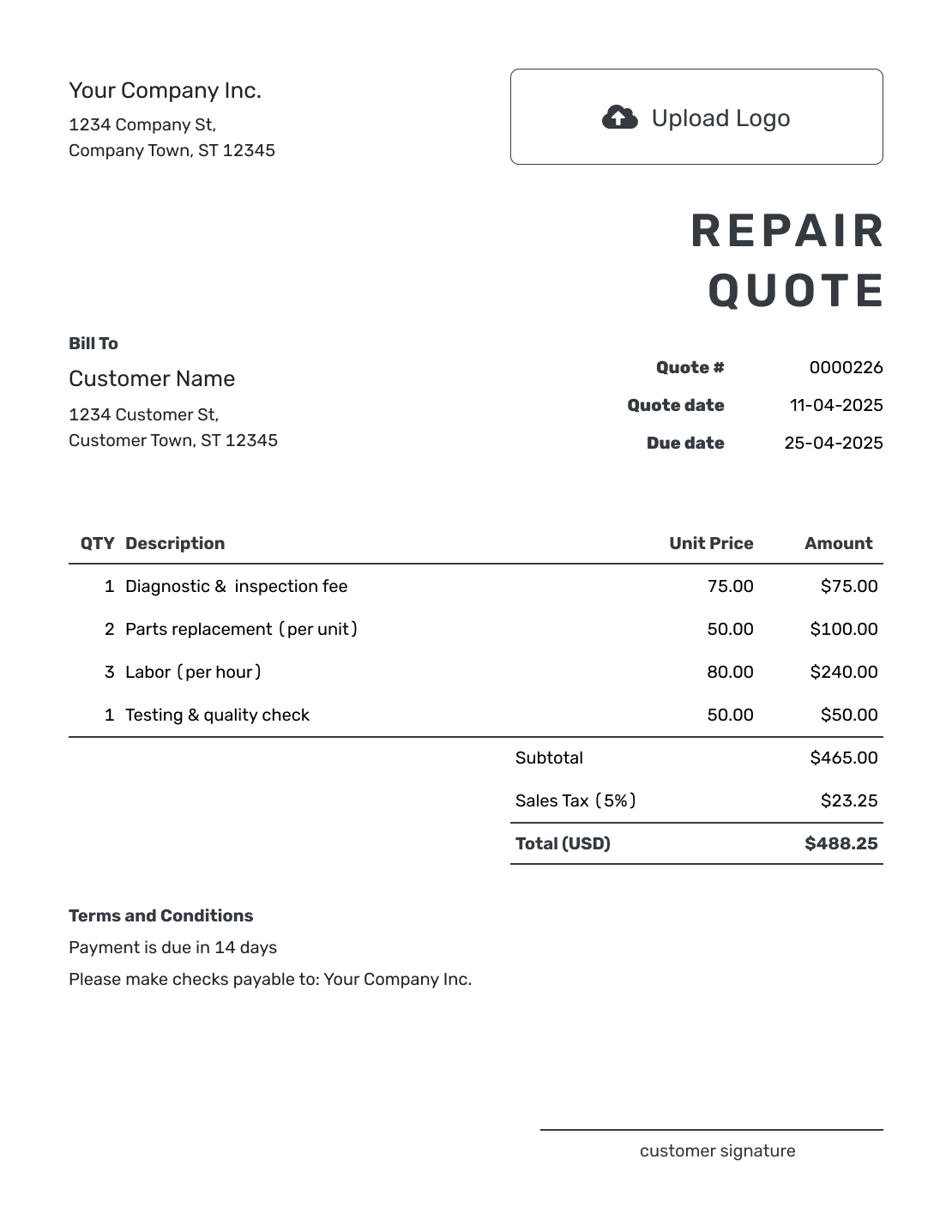 Printable Repair Quote Template