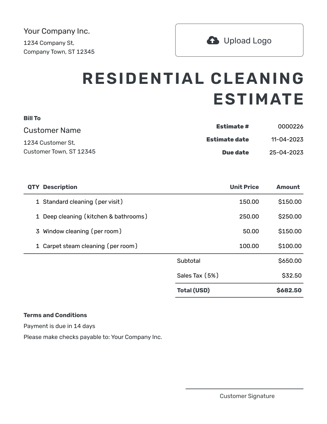 Printable Residential Cleaning Estimate Template