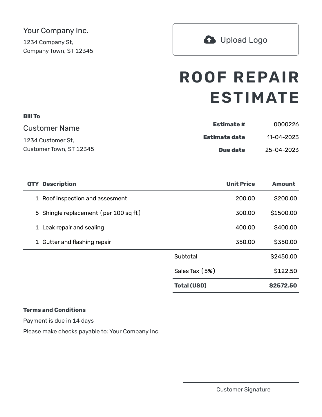 Printable Roof Repair Estimate Template