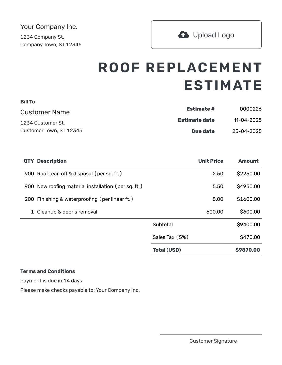 Printable Roof Replacement Estimate Template