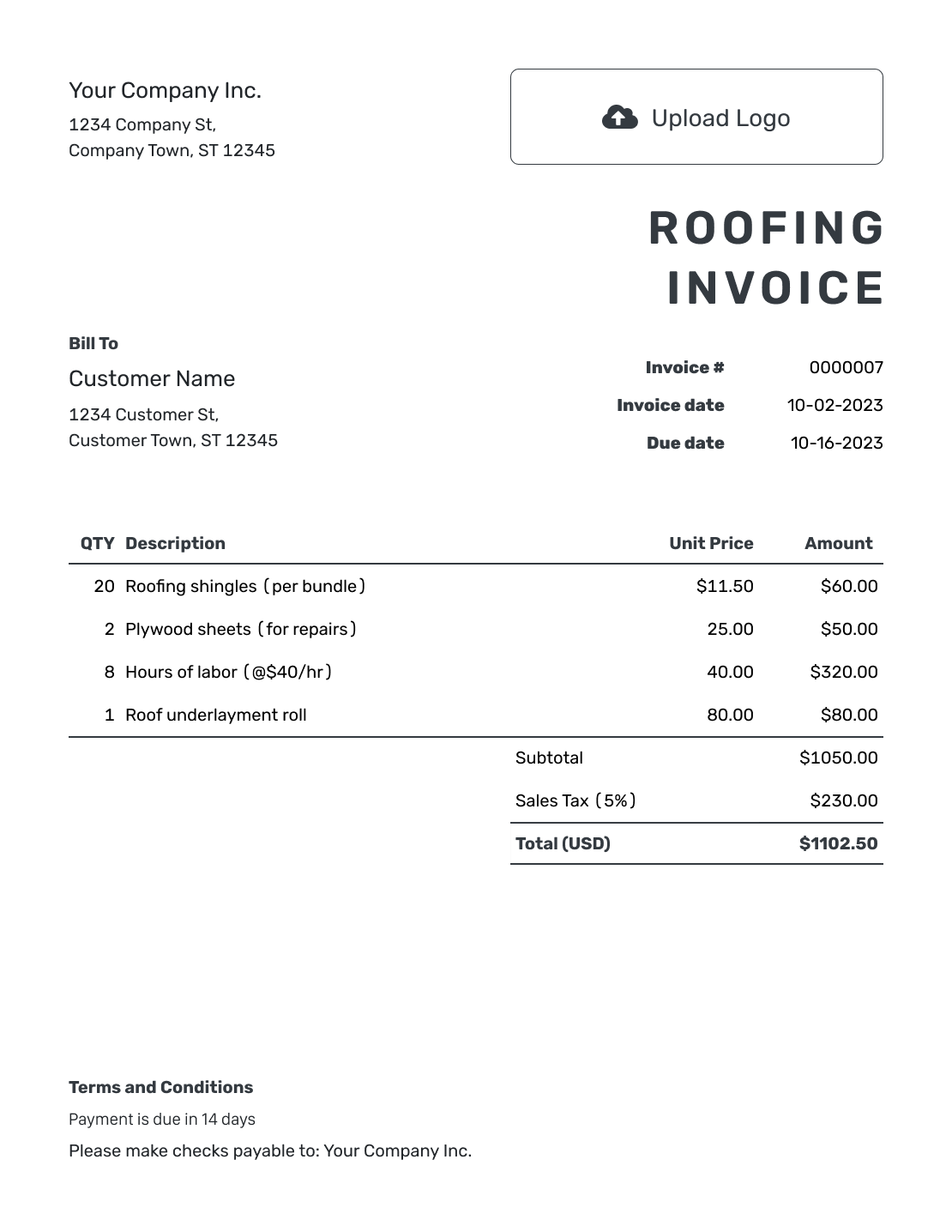 Printable Roofing Invoice Template