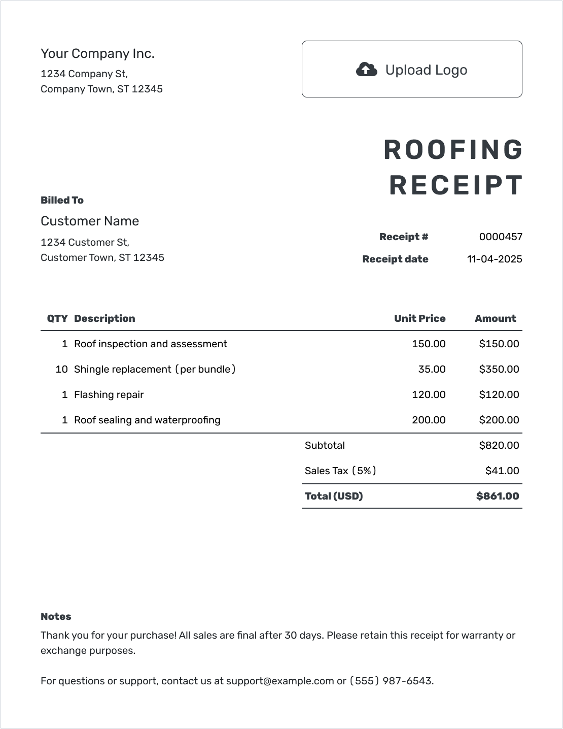 Printable Roofing Receipt Template