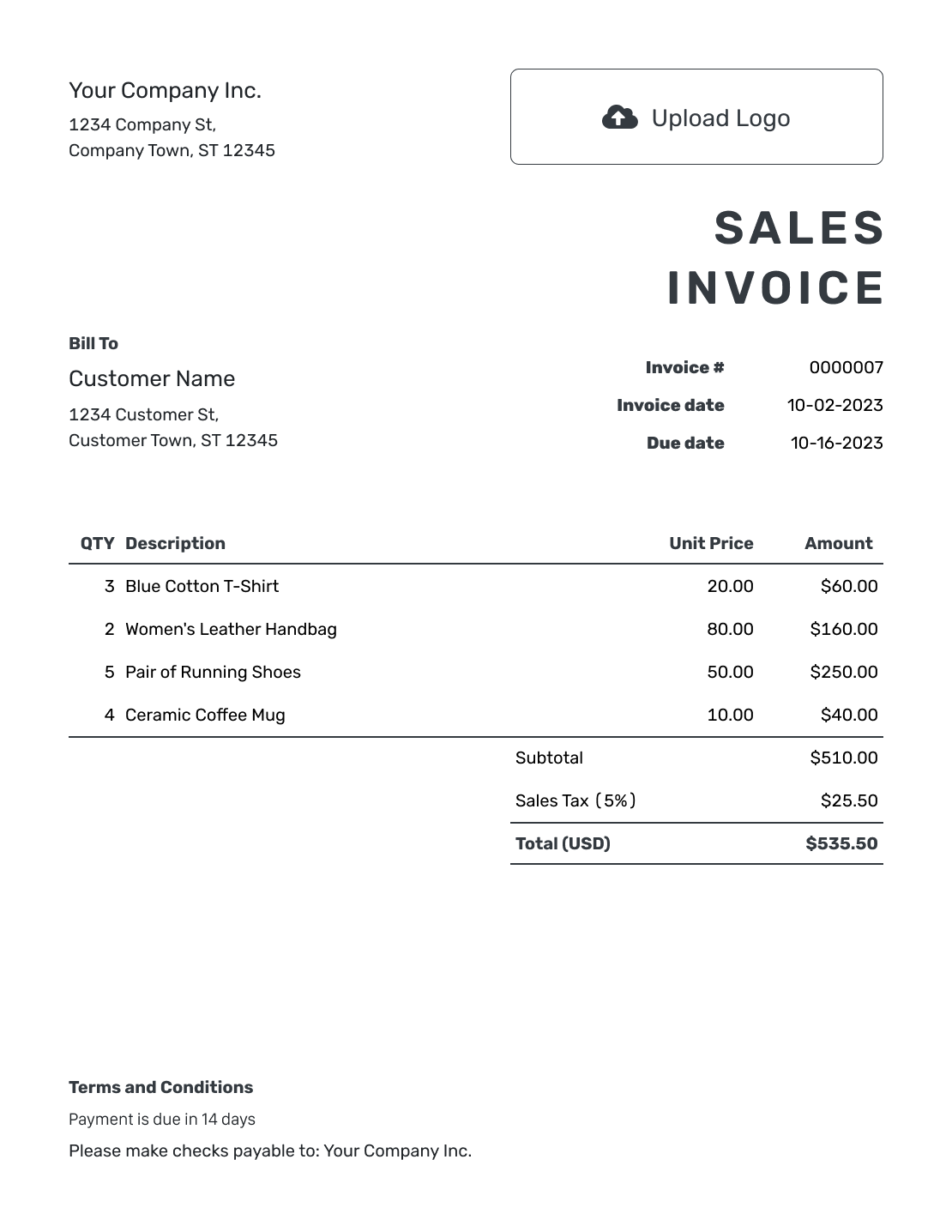 Printable Sales Invoice Template