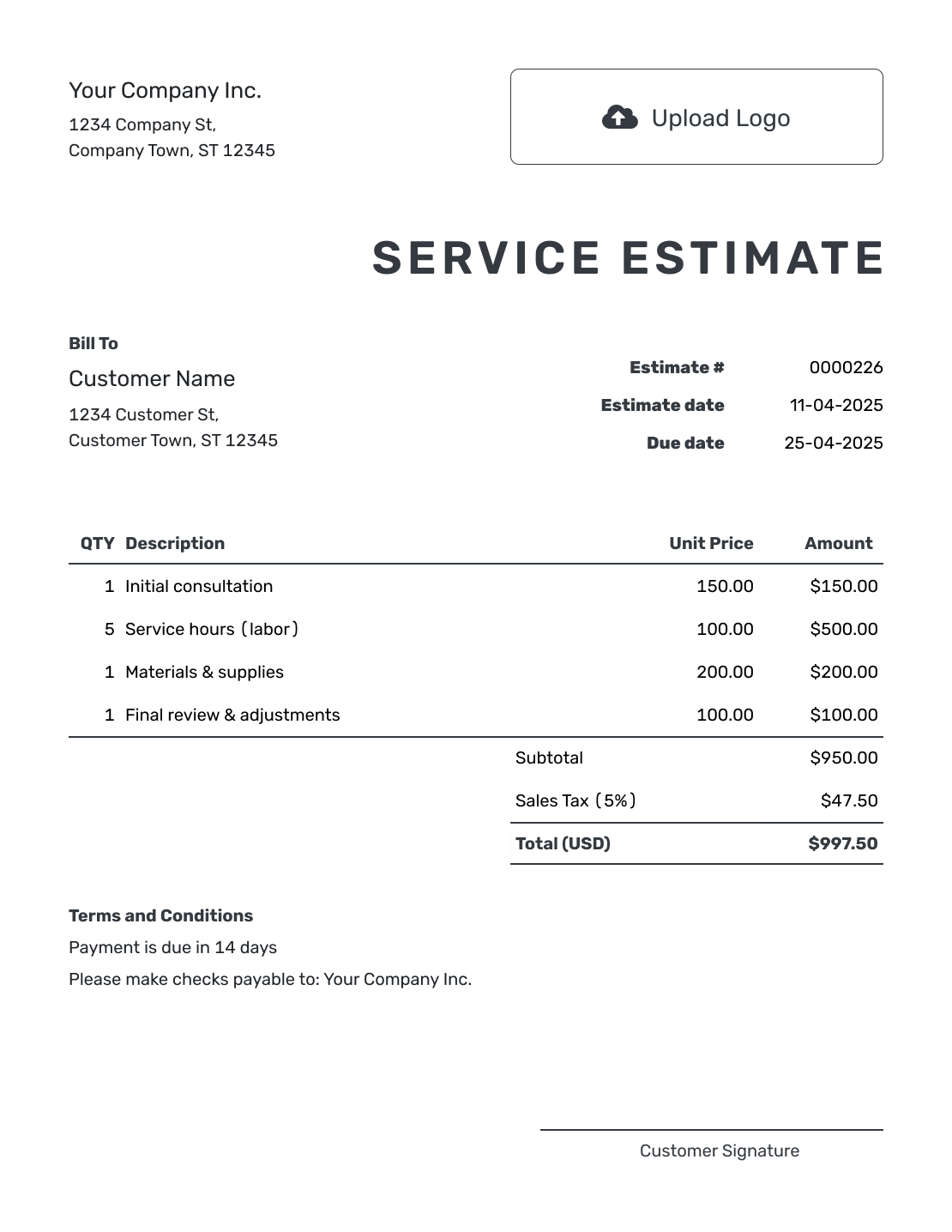 Printable Service Estimate Template