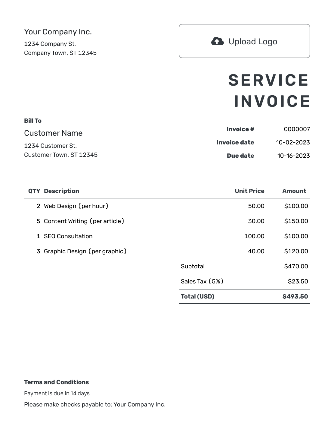 Printable Service Invoice Template