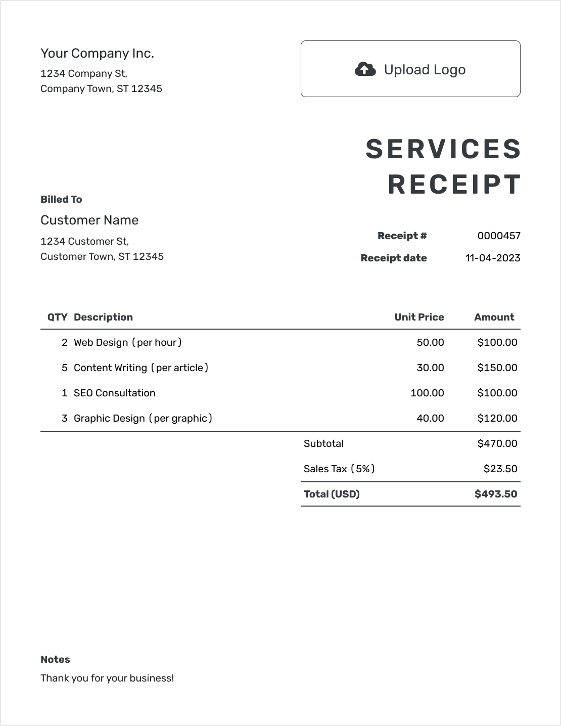 Printable Services Receipt Template