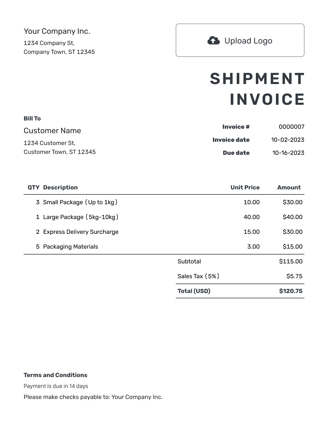 Printable Shipment Invoice Template