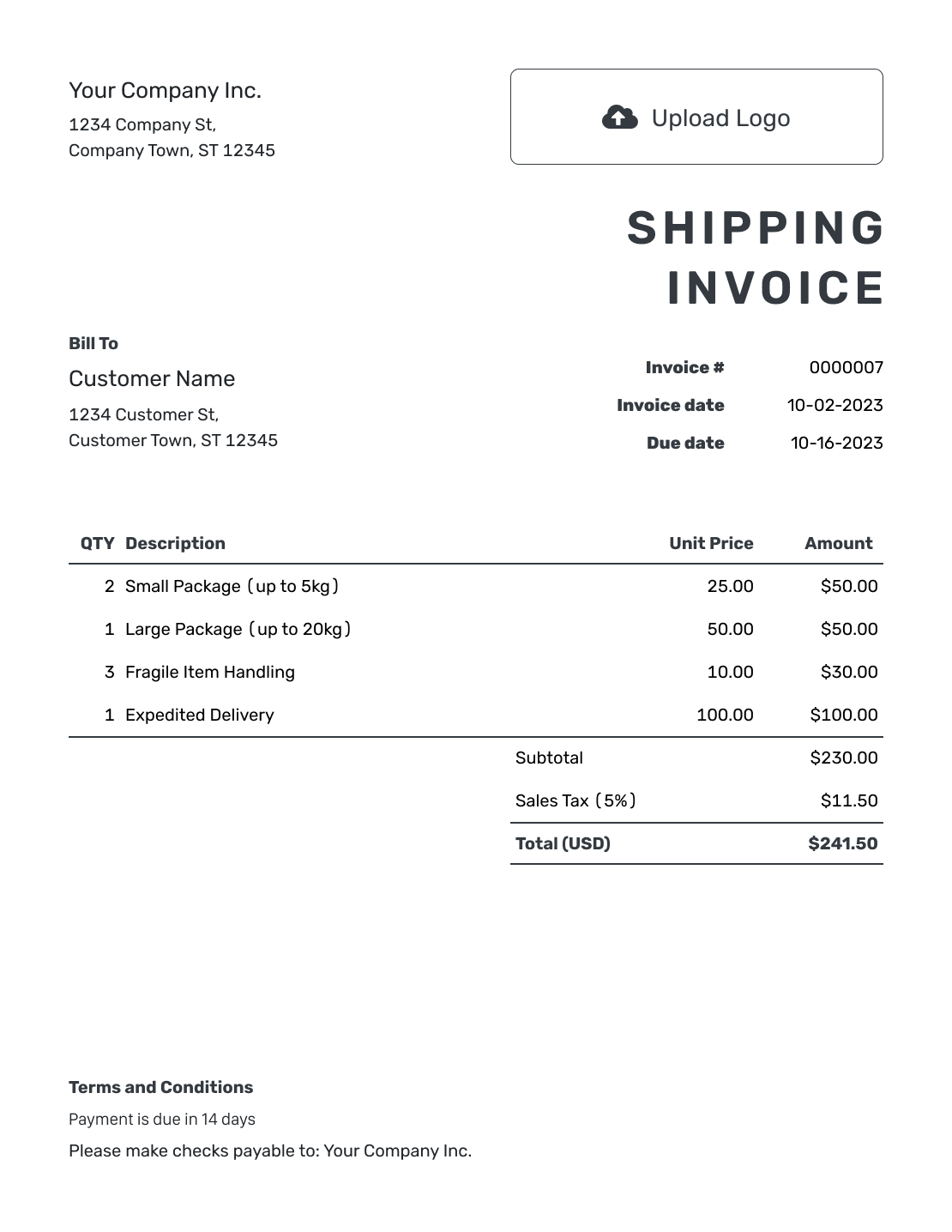 Printable Shipping Invoice Template