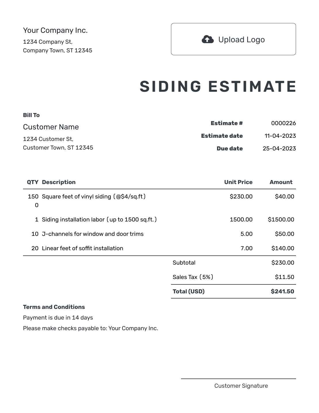 Printable Siding Estimate Template