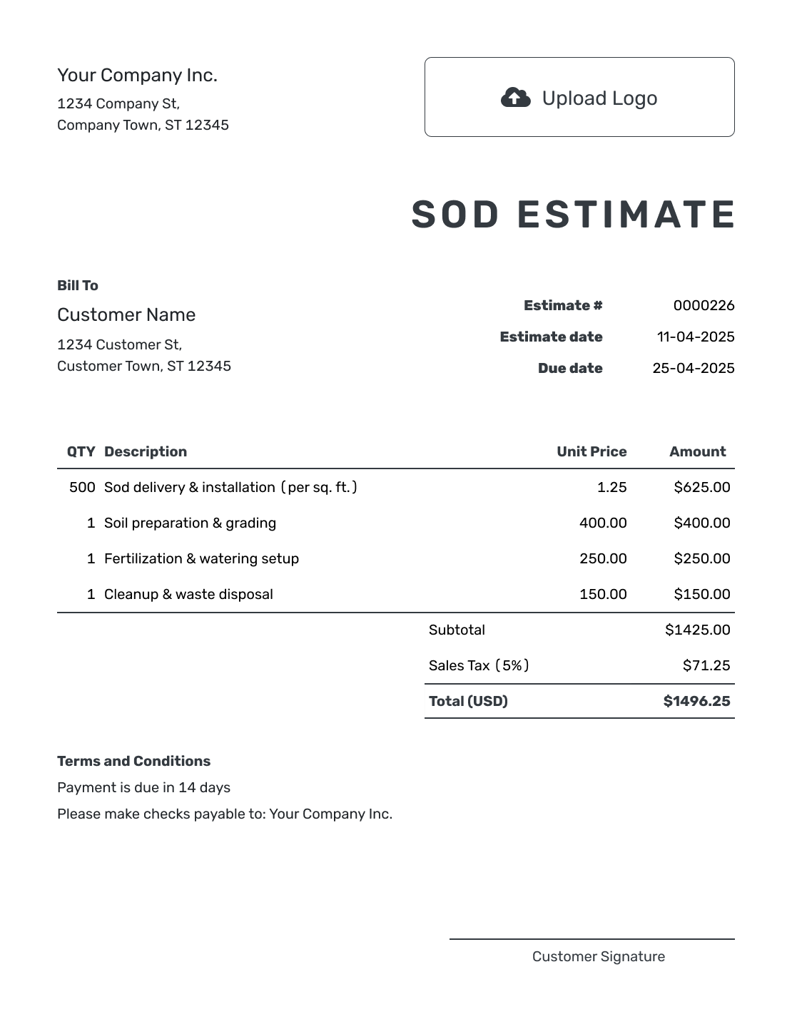 Printable Sod Estimate Template