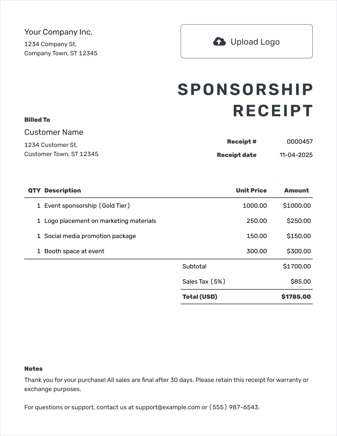 Printable Sponsorship Receipt Template