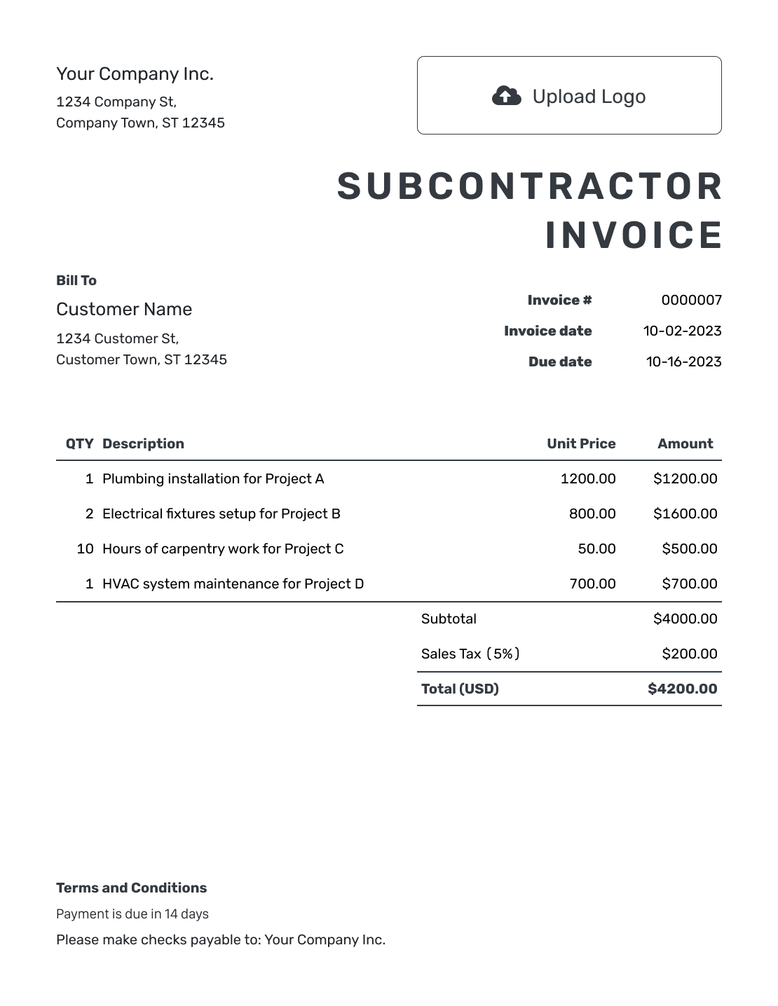 Printable Subcontractor Invoice Template
