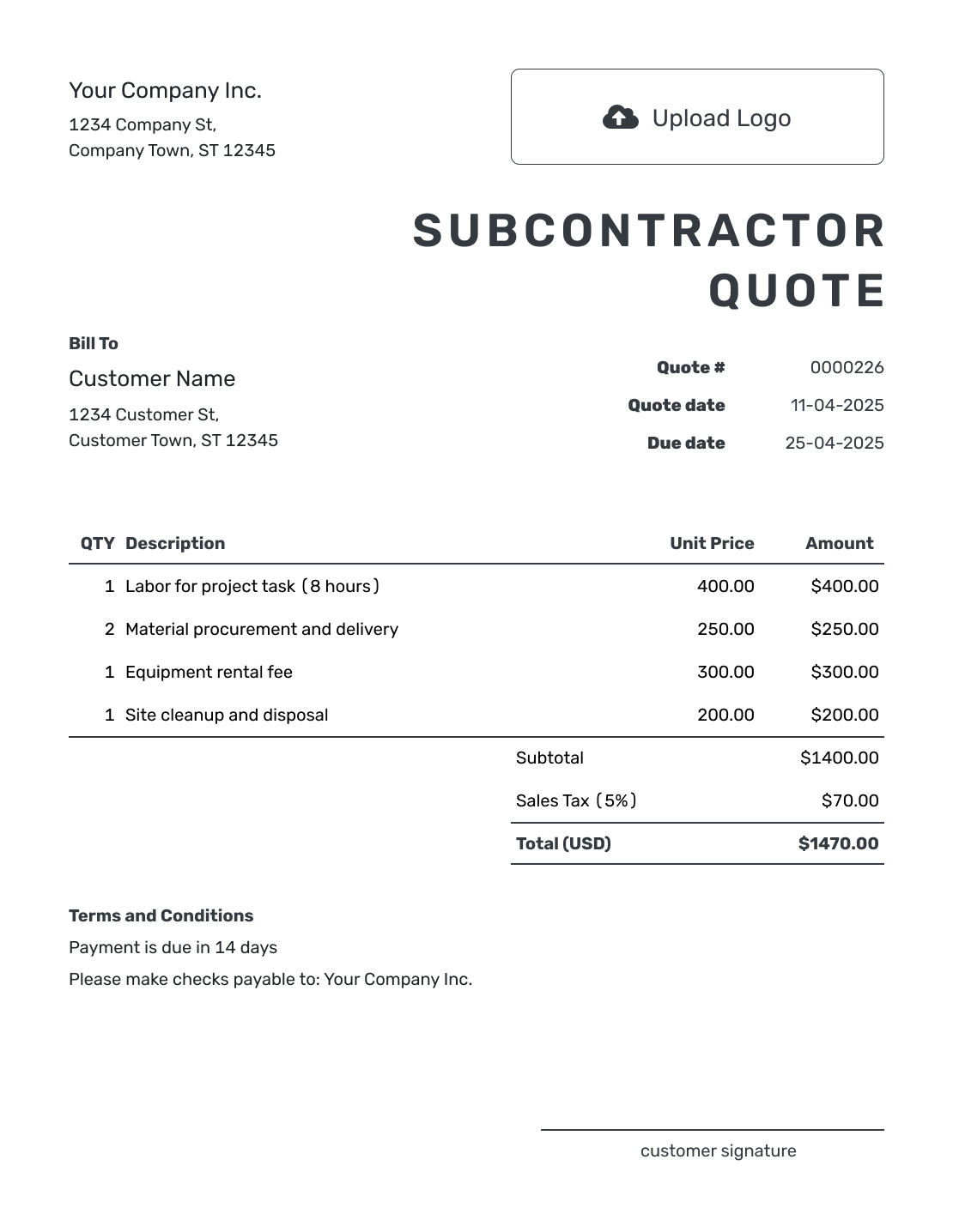 Printable Subcontractor Quote Template