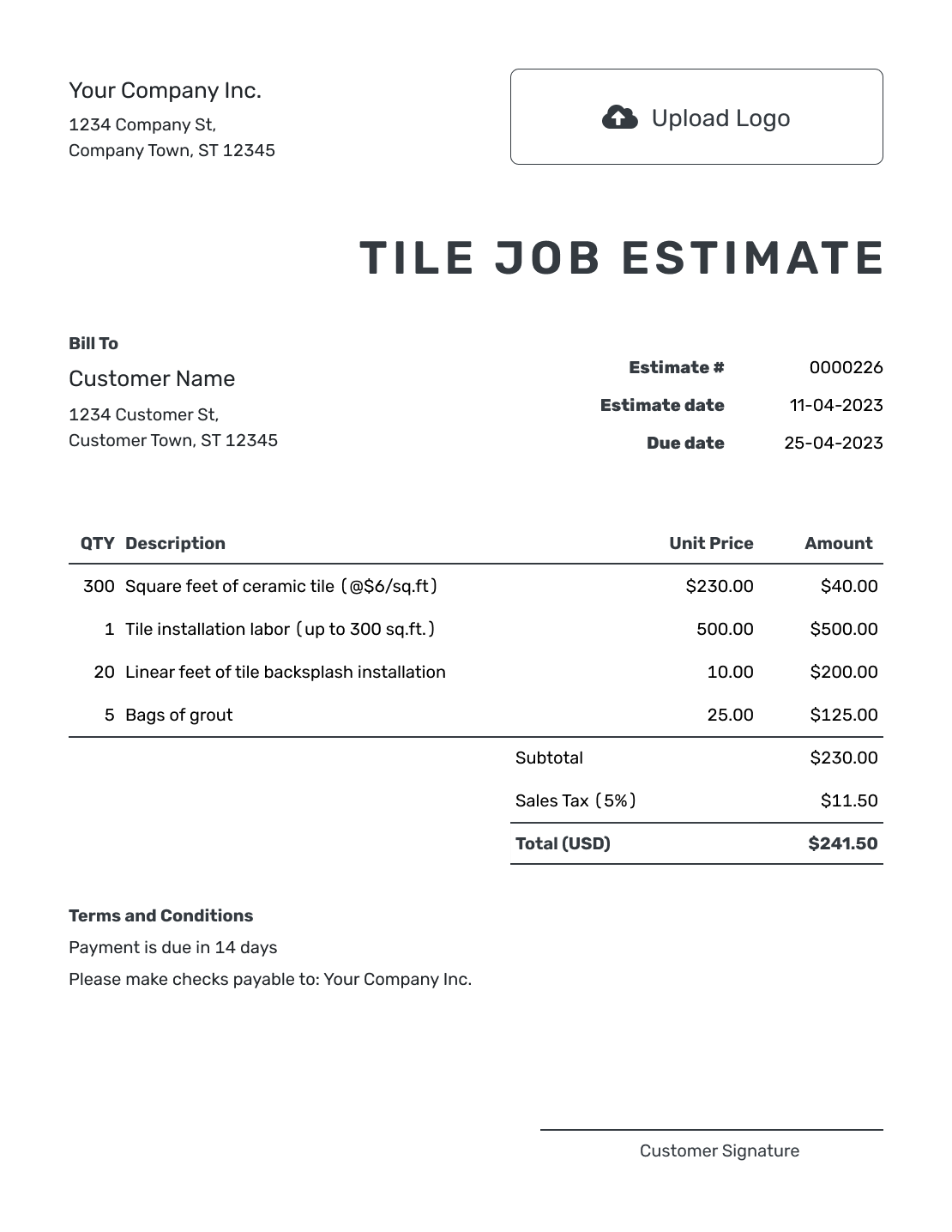 Printable Tile Job Estimate Template