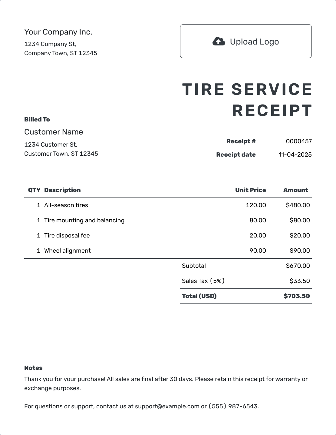 Printable Tire Receipt Template