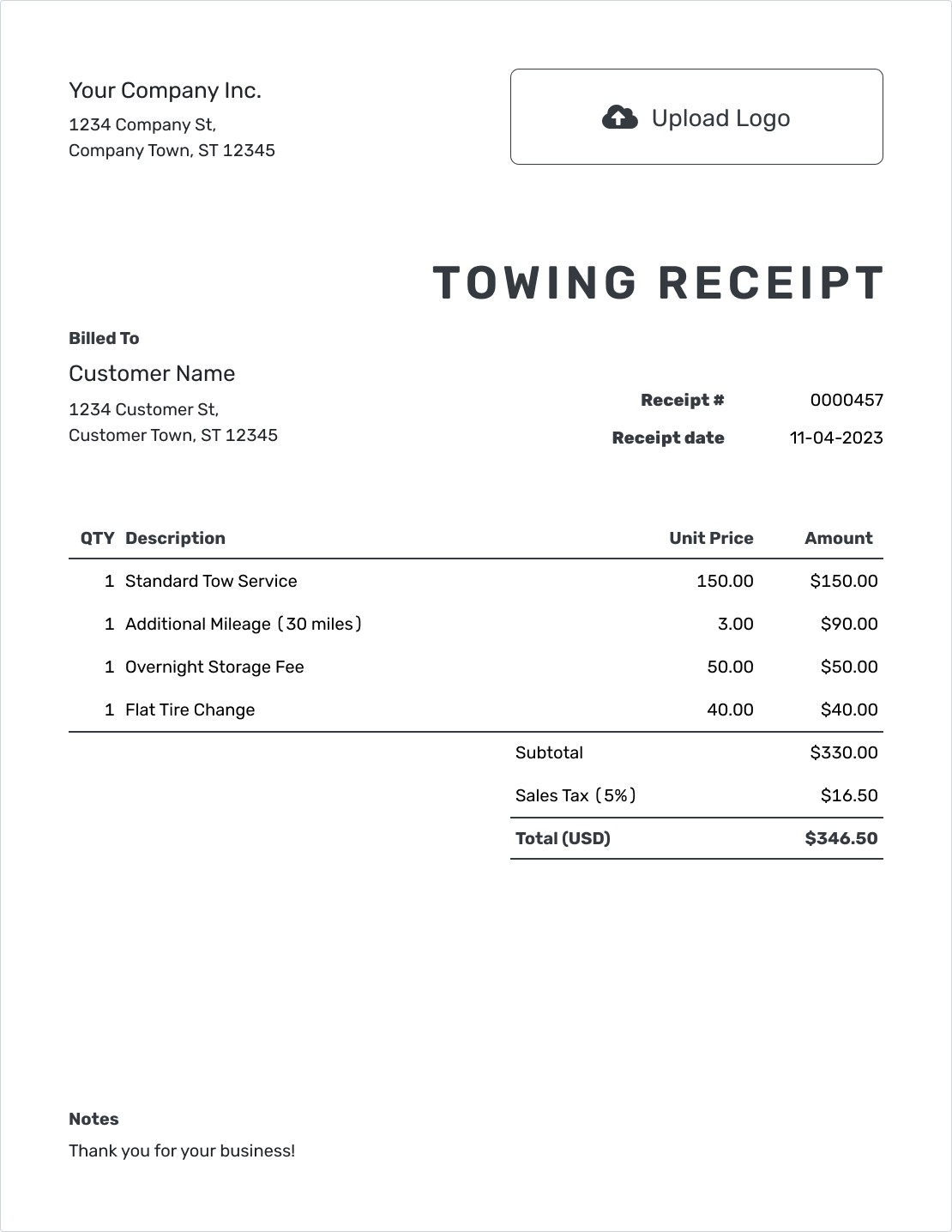Printable Towing Receipt Template