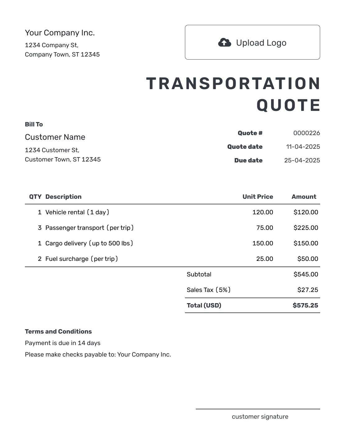 Printable Transportation Quote Template