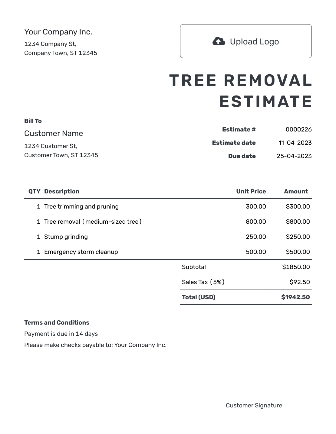 Printable Tree Removal Estimate Template