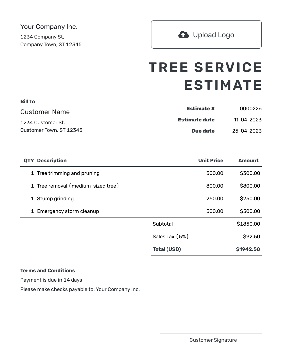 Printable Tree Service Estimate Template