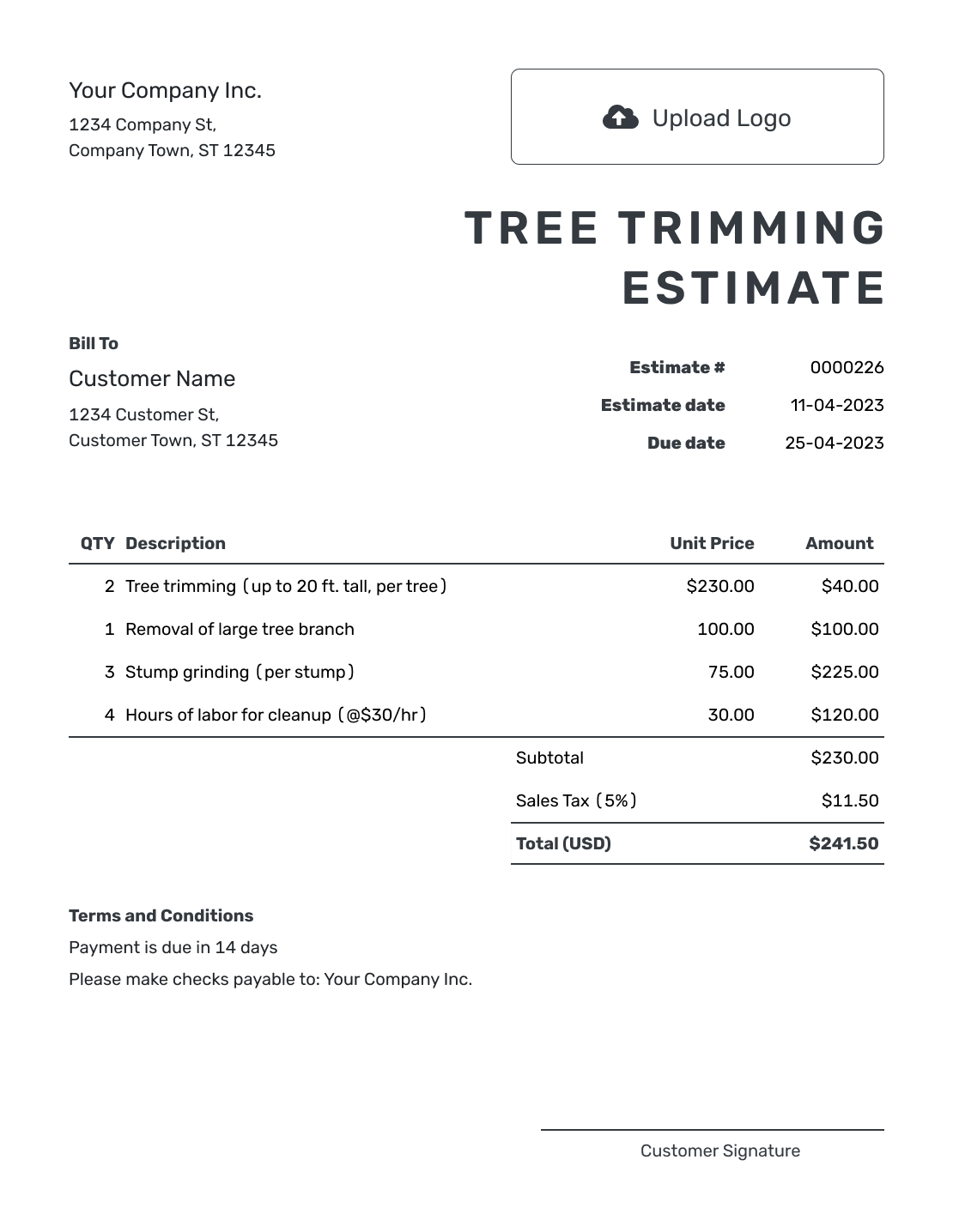 Printable Tree Trimming Estimate Template