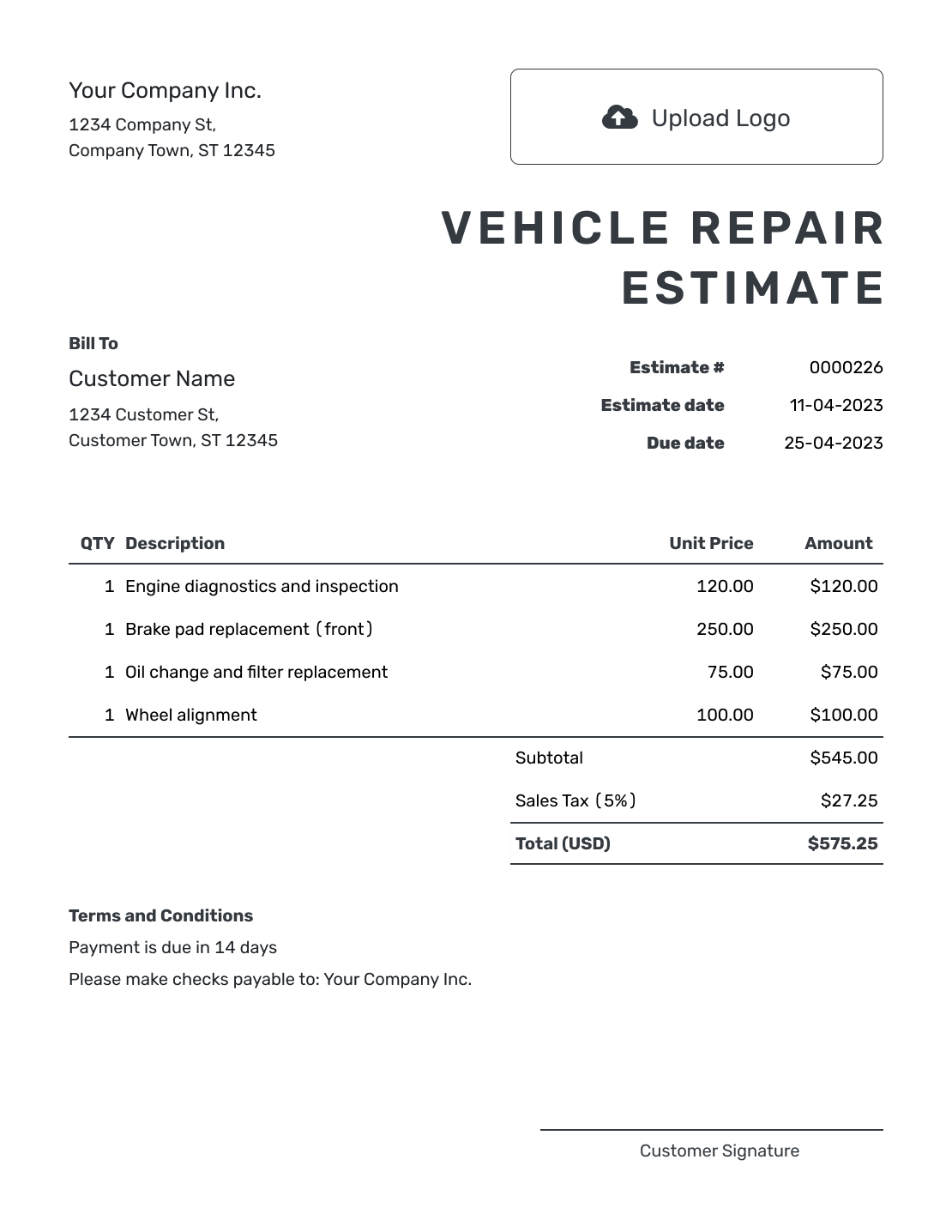 Printable Vehicle Repair Estimate Template