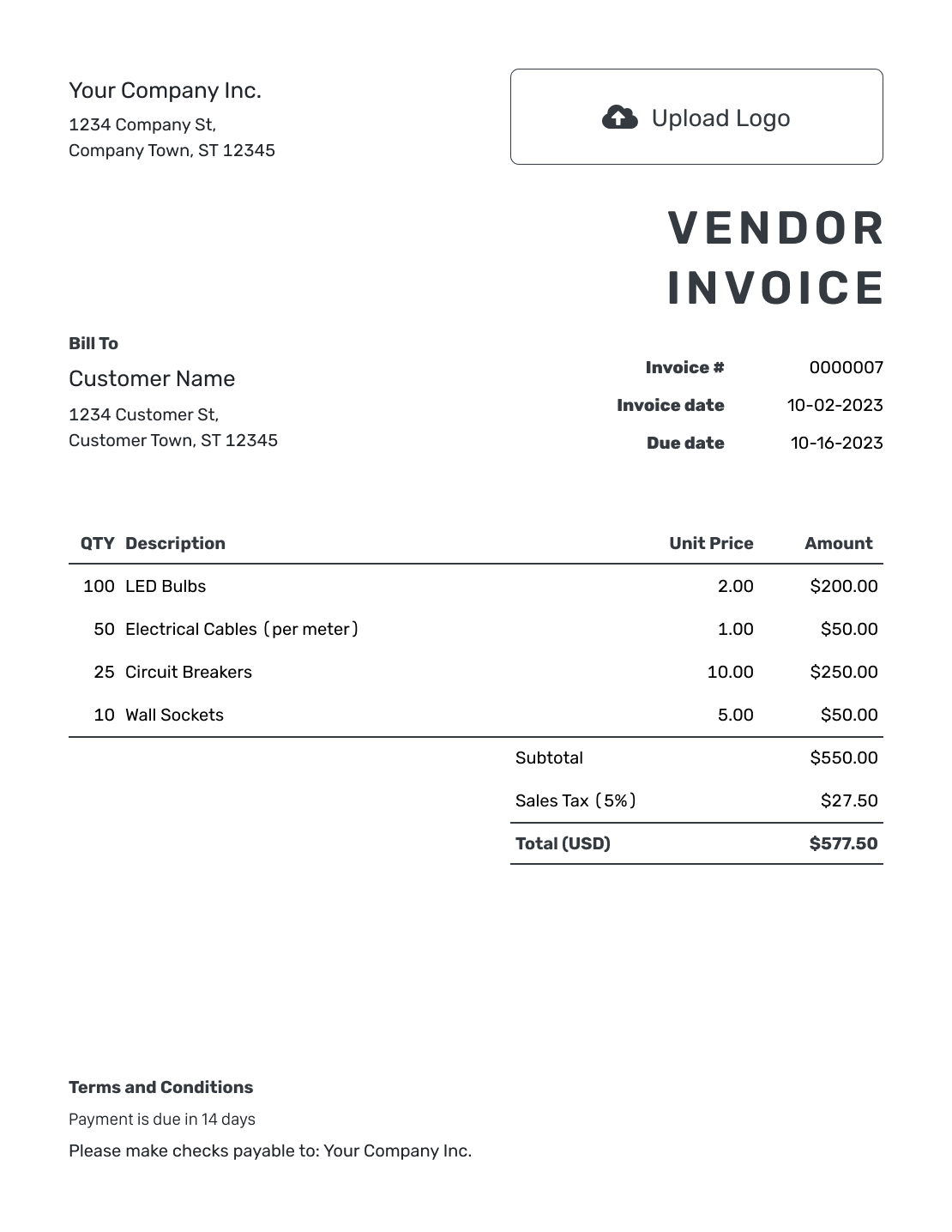 Printable Vendor Invoice Template