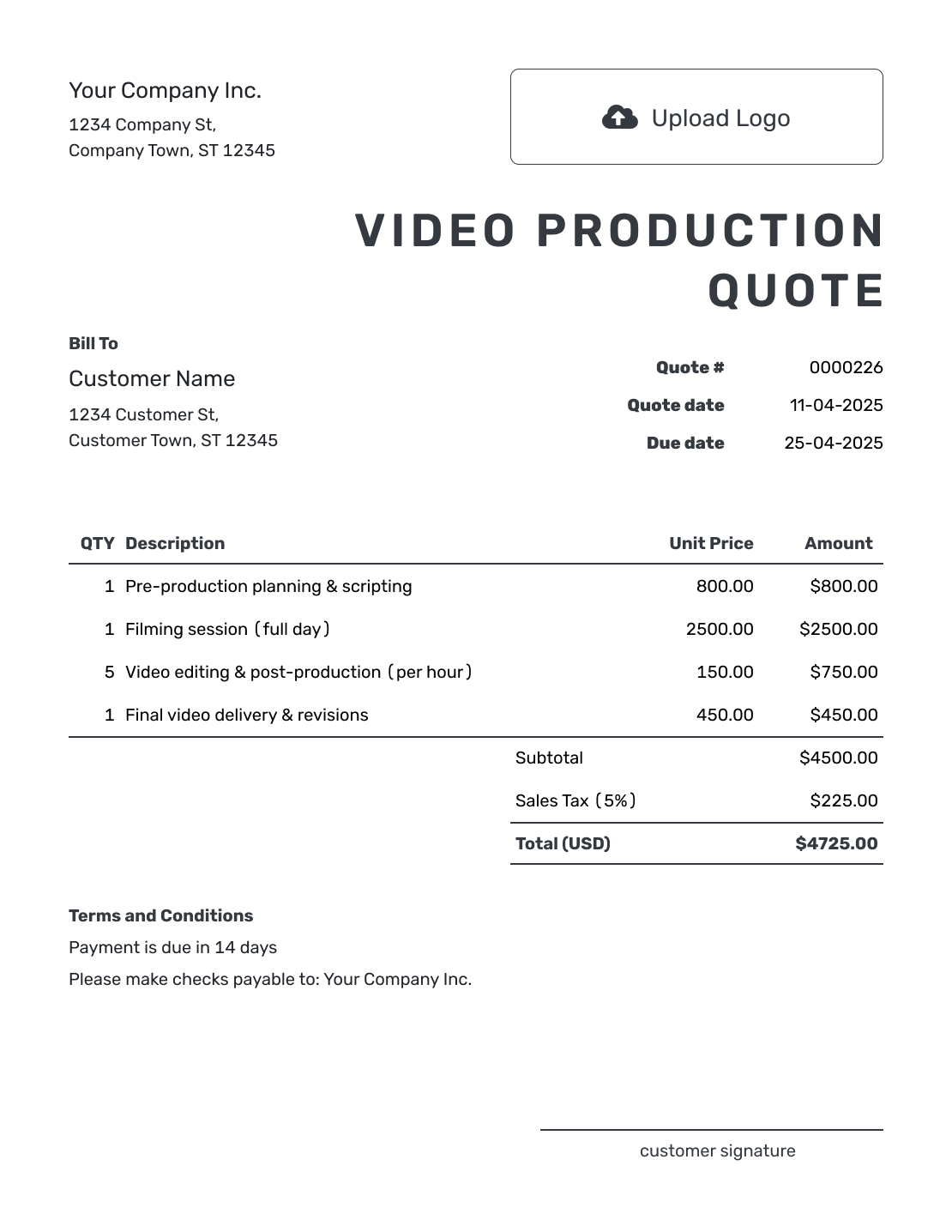 Printable Video Production Quote Template