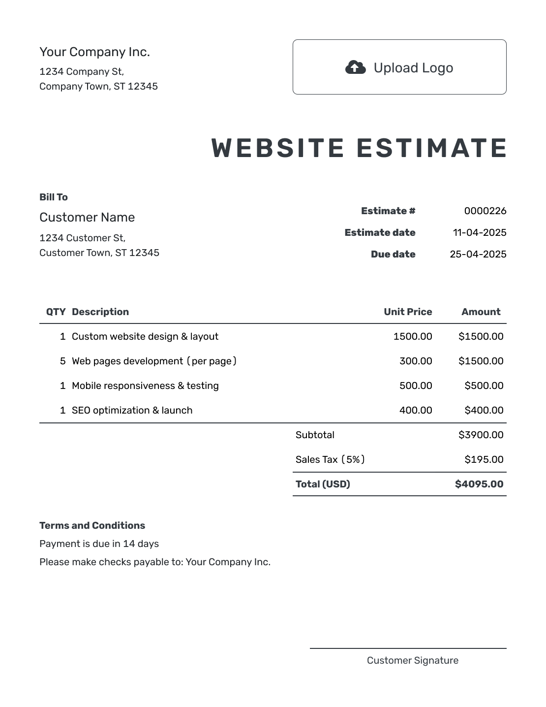 Printable Website Estimate Template