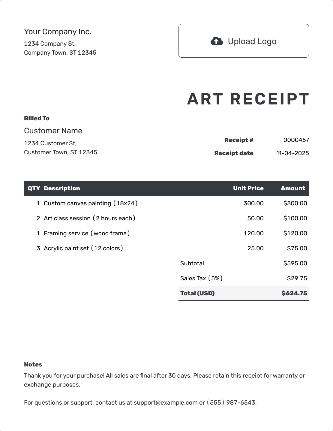 Professional Art Sale Receipt Template