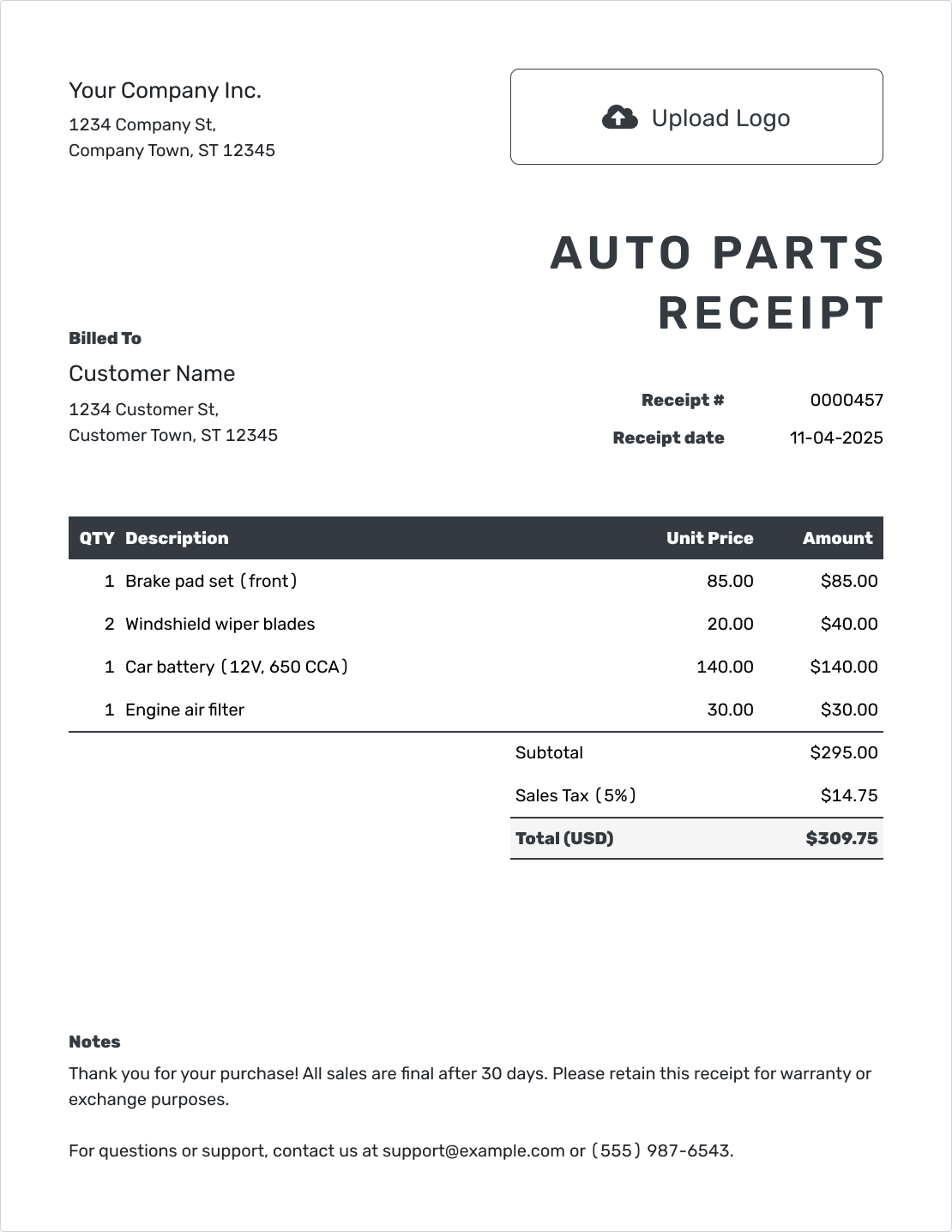 Professional Auto Parts Receipt Template