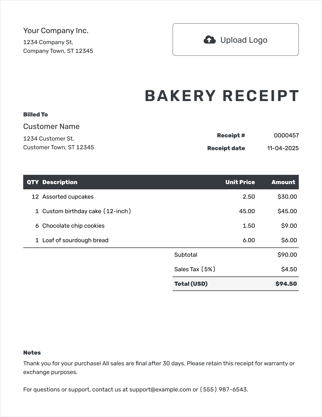 Professional Bakery Receipt Template
